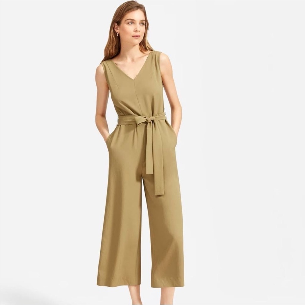 EVERLANE GoWeave Japanese Wide Leg Olive Belted Cottage Boho Comfy Luxe Jumpsuit